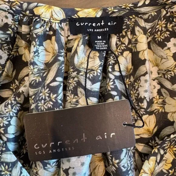 NWT Current Air M Gray Floral Wrap Dress Ruffle Mini V-Neck Puff Sleeve Cottage - Picture 9 of 9